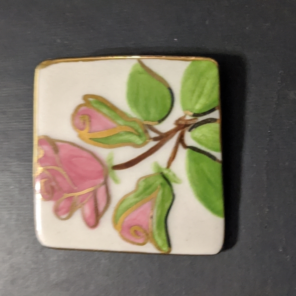White Square Ceramic Pink Rose with Green and Gold Statement Pin Brooch